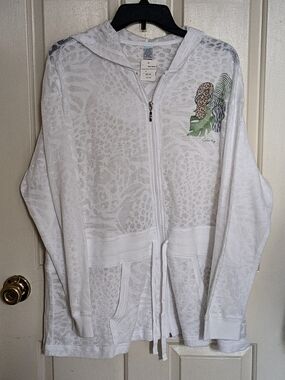 White Cedar Key  Lightweight Zip Cover Up Hoodie with Leopard & Palm Print